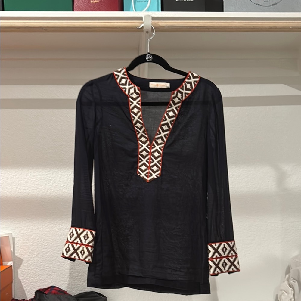 Tory Burch Black and Gold Tunic Top with Geometric Patterns